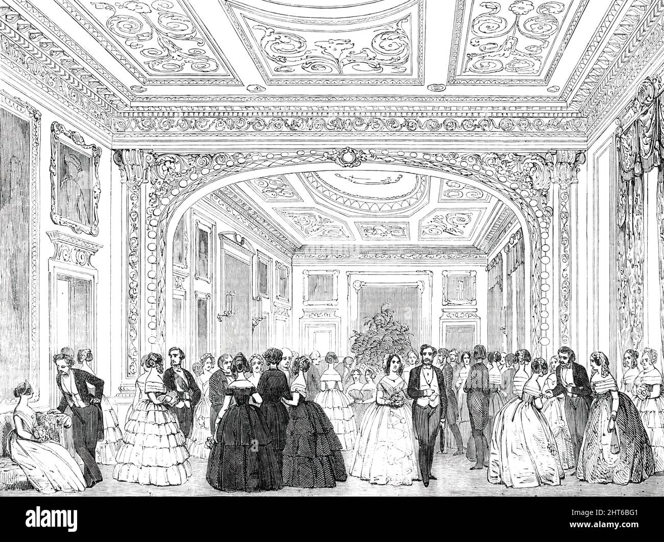 Grand Ball at Devonshire House, on Tuesday, 1850. London society party: '...upwards of eight hundred of the highest members of the aristocracy having assembled within its gorgeous saloons, at the invitation of the Duke of Devonshire, to celebrate by a grand ball the recurrence of his Grace's natal day...Their Royal Highnesses the Duke and Duchess of Cambridge honoured the noble Duke with their presence...The Grand Ball-room...is a very long apartment...effected by throwing an arch across at the junction [of two rooms]. The arch itself is most elaborately ornamented...the mode of lighting the g Stock Photo