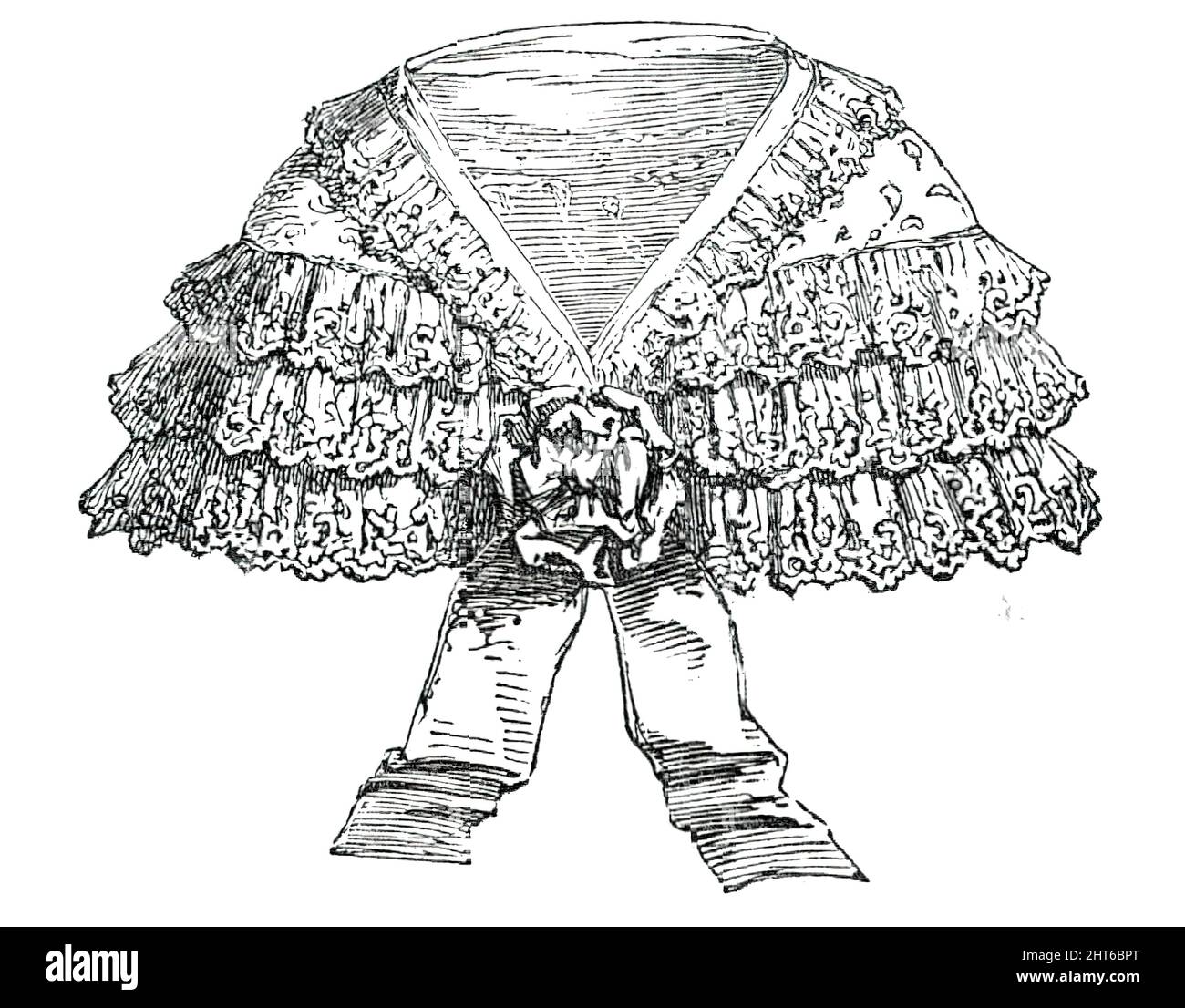 Paris Fashions for June - Pelerine, 1850. 'A Pelerine of embroidered net, trimmed with three rows of point d'Alen&#xe7;on [lace], and ornamented with a large knot of ribbons Bayad&#xe8;re. From &quot;Illustrated London News&quot;, 1850. Stock Photo