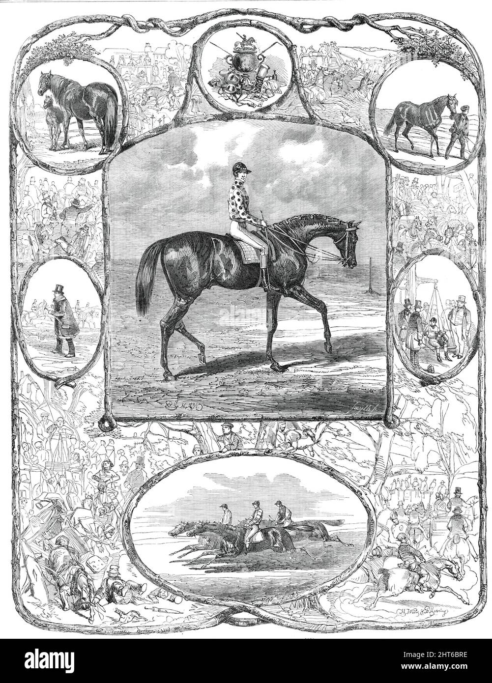 Voltigeur, the Winner of the Derby Stakes, 1850, (1850). Epsom horse races in Surrey. 'Voltigeur, nominally at 25 to 1, wins by a length, with Pitsford next him!'. Voltigeur was owned by Lord Zetland and ridden by Job Marson. From &quot;Illustrated London News&quot;, 1850. Stock Photo