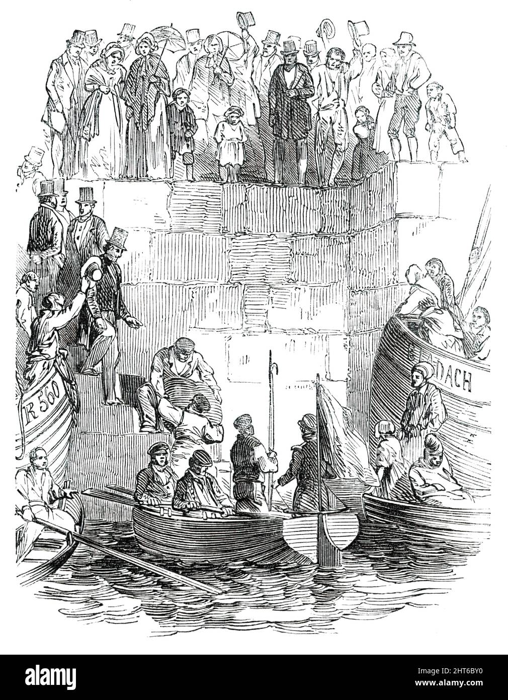 Putting the Mail on Board the &quot;Viceroy&quot;, 1850. Mail sacks being loaded at Galway in Ireland, to be carried across the Atlantic Ocean. 'At twenty minutes past six the express [train] arrived from Dublin, with a considerable mail, and was handed over to the coast-guard boat...'. The sacks were '...towed off towards the ship amidst the acclamations of thousands, and [were] then handed over to the captain, who instantly put his men to the capstan, and at a quarter to ten o'clock the Viceroy was fairly under weigh, amidst the prolonged cheering of the multitudes assembled upon every avail Stock Photo