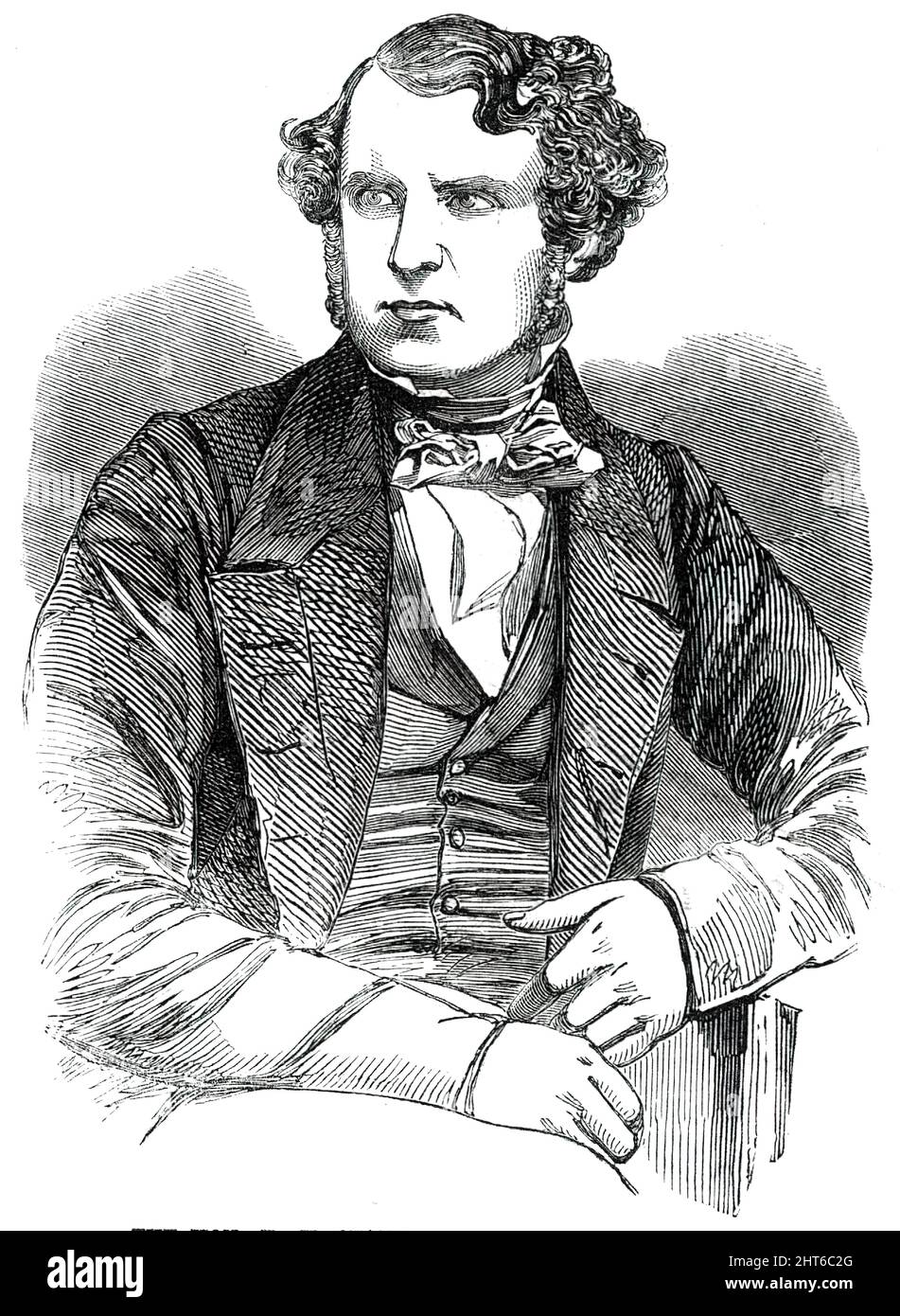 The Hon. E. H. Stanley, M.P. for Lyme-Regis, 1850. Stanley '...argued that the introduction of emigrants from Africa [to Barbados] could only meet the emergency by reducing the condition of the labourer to the level of slavery; that the African squadron had not answered its intent, and that no amount of armed force could put an end to a trade where one successful venture was sufficient to compensate for five failures. He urged that England owed a debt to the West Indies. Slavery at first was an English institution. England had abolished slavery, and had professed to compensate the owners for t Stock Photo