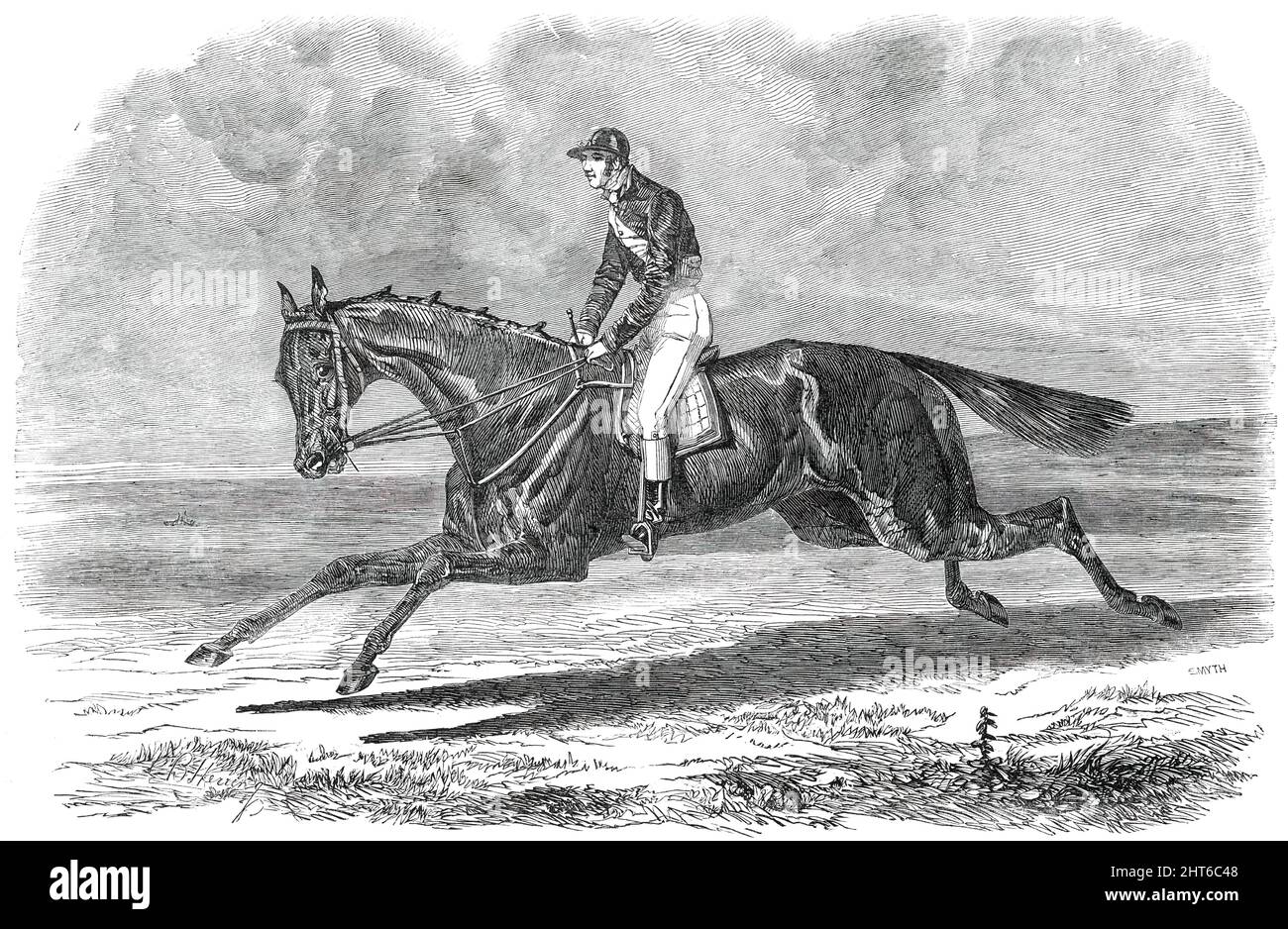Rhedycina, Winner of the Oaks Stakes, at Epsom, [in Surrey] 1850. Racehorse and jockey: '&quot;Rhedycina&quot; was bred by Mr. Leidiard, of Reading...She was trained by a young man named Goodwin, at Newmarket...The following details of the settling day for the Derby and Oaks are from Bell's Life in London: The principal winners were three or four of Lord Zetland's friends, to the tune of nearly &#xa3;40,000. His Lordship himself, who never ventures more than a trifle upon his horses, won only &#xa3;600; his coachman won &#xa3;2000! and the whole of his establishment threw in for - to them-good Stock Photo