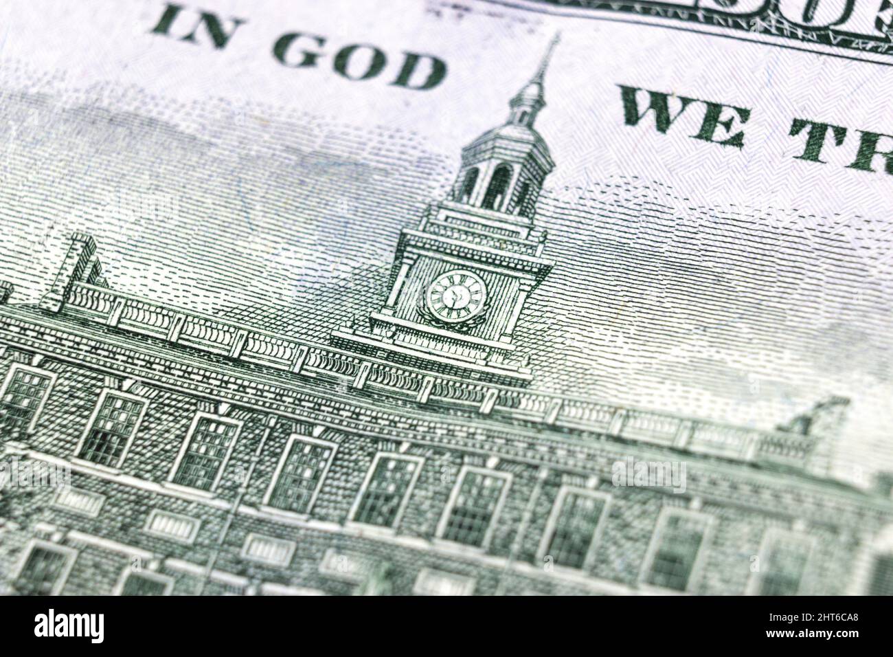 Independence Hall on back side 100 dollars banknote. Dolar USA close up. New sample money Stock Photo