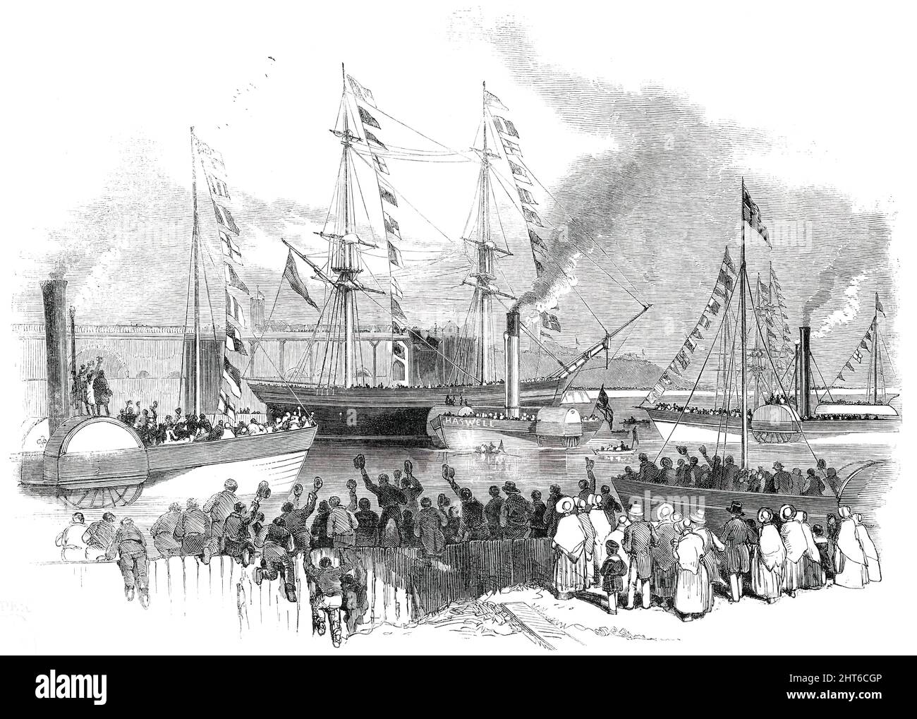 The First Shipment of Coals in the New Sunderland Docks, [Tyne &amp; Wear],1850. 'The entrance to the dock itself is 60 feet wide; the depth of water at the quays will be 20 feet, and in the middle 24 feet. The length of quays in the dock is 5248 feet, which will easily accommodate 40 vessels...The entrance from the river is between the Tidal Gauge and the Low Quay; where a spacious tidal harbour has been formed...The river itself was studded with every variety of craft that human beings could crowd into it; and every vessel of every description, afloat or on the stocks, was radiant above with Stock Photo