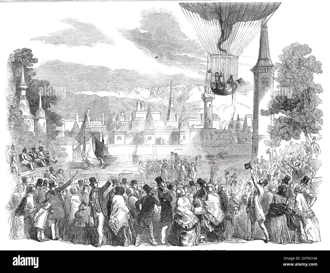 Ascent of the Nassau Balloon, from Vauxhall Gardens, [London], on Saturday, 1850. 'A grand fete was given at these Gardens on Saturday, when the most attractive scene was the ascent of the Nassau Balloon, with Mr. [Charles] Green and Mr. [George] Rush. Three of the members of the Nepaulese Embassy were present, to whom the balloon, when inflated, was an object of great interest, as was also the ascent. They examined the balloon with great minuteness, and its construction evidently excited their wonder and admiration. As it ascended they stood gazing at it with marked curiosity and attention, a Stock Photo