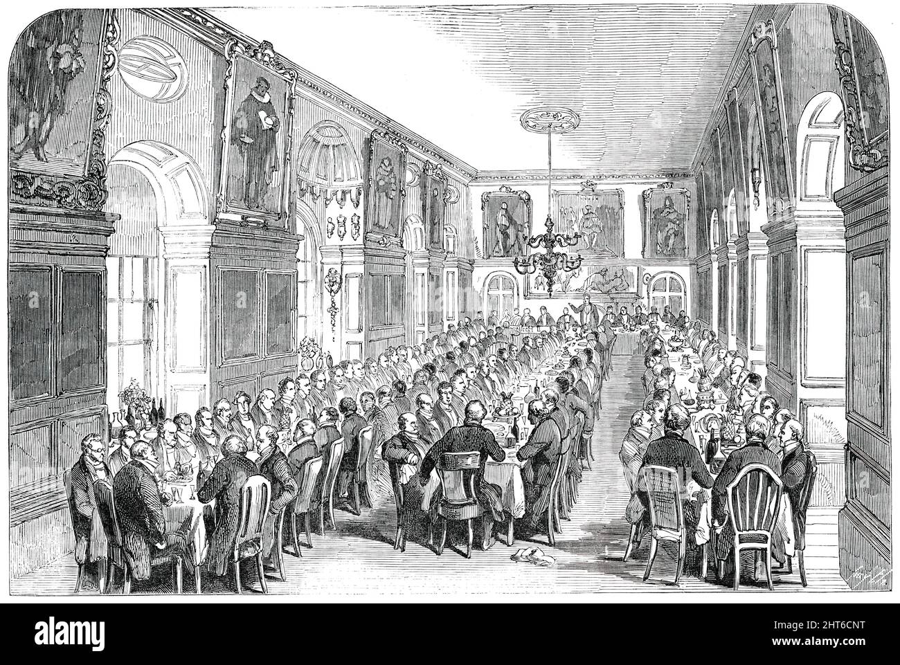 Annual Dinner of the Governors of Bridewell and Bethlem Hospitals, in the Hall, Bridewell, [London], 1850. 'The entertainment takes place in the Great Hall of Bridewell Hospital, a magnificent wainscoted apartment...The President [Sir Peter Laurie]...gave a short summary of the proceedings in each Hospital during the past year, from which it appears that 316 patients had been admitted into Bethlem Hospital, and maintained there free of all charge; and that during the same period 175 patients had been discharged cured. He also stated that 80 poor destitute young offenders had been admitted into Stock Photo