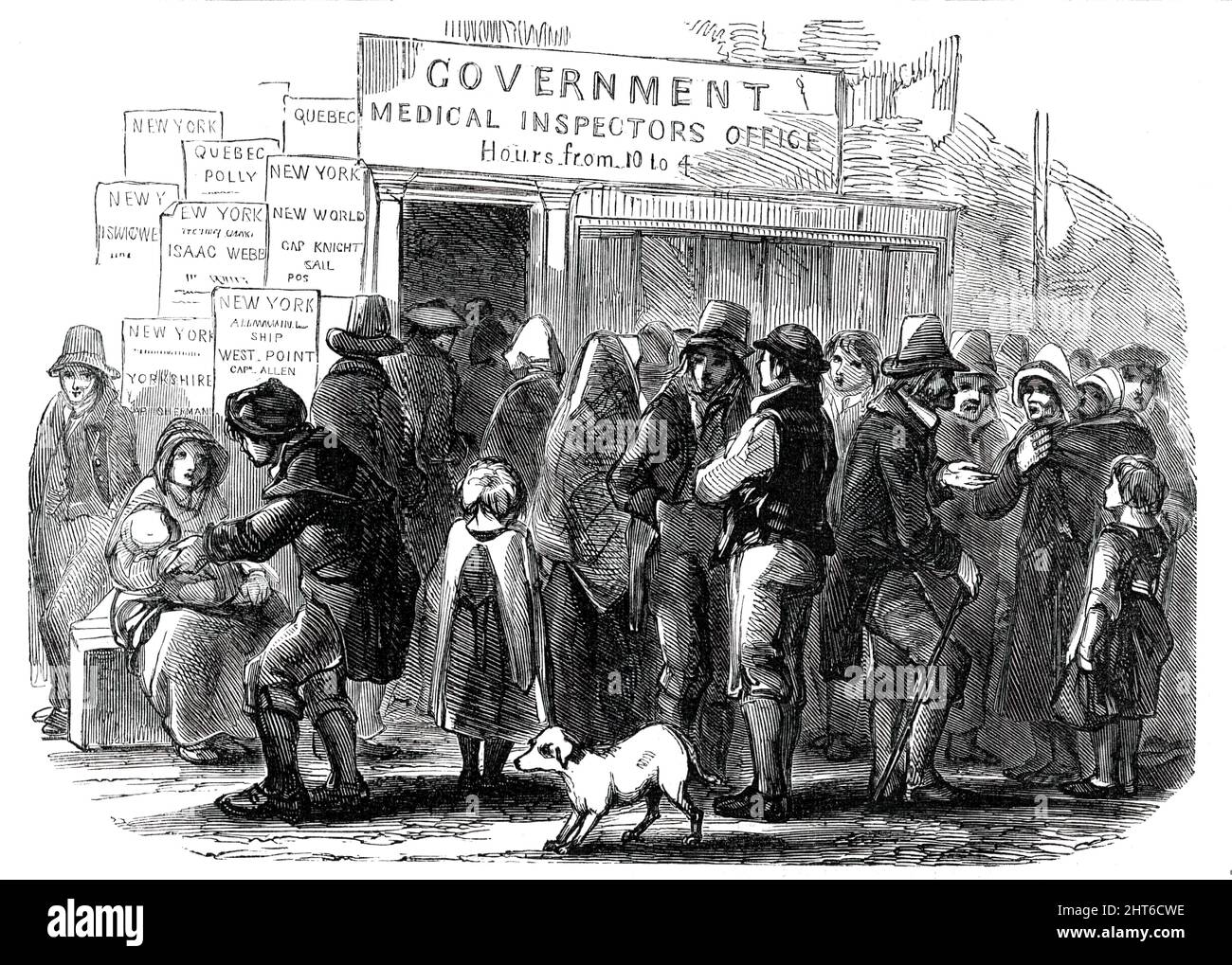 The Government Inspector's Office, 1850. British emigrants being checked before leaving for the colonies: '...no passenger-ship is allowed to proceed until a medical practitioner appointed by the emigration office of the port shall have inspected the medicine-chest and passengers, and certified that...the passengers are free from contagious disease. All persons who may be discovered to be affected with any infectious disease...are to be re-landed, with those members of their families, if any, who may be dependent on them, or unwilling to be separated from them, together with their clothes and Stock Photo