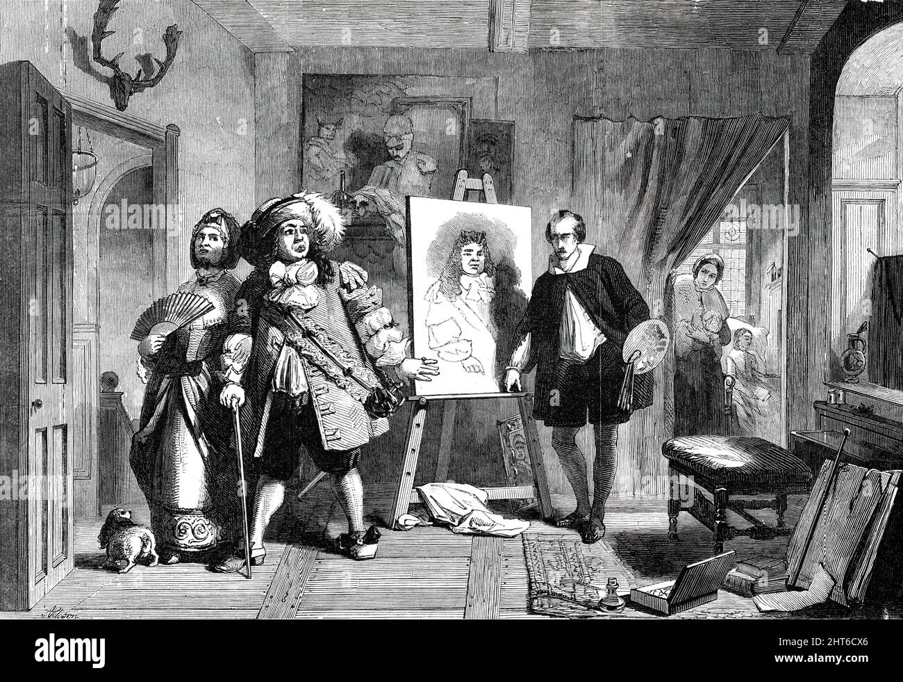 Too Truthful - painted by A. Solomon, 1850. Painting '...from the Middle Room of the Royal Academy Exhibition [in London], [which] illustrates a by no means uncommon artistic difficulty - that of pleasing a sitter - whose full-blown vanity is equally prominent in the composition. It stands in the catalogue: 525. &quot;Too Truthful. So very like a painter drew, That every eye the picture knew: He hit complexion, feature, air, So just, the life itself was there. He gave each muscle all its strength, The mouth, the chin, the nose's length; His honest pencil touch'd with truth, And marked the date Stock Photo