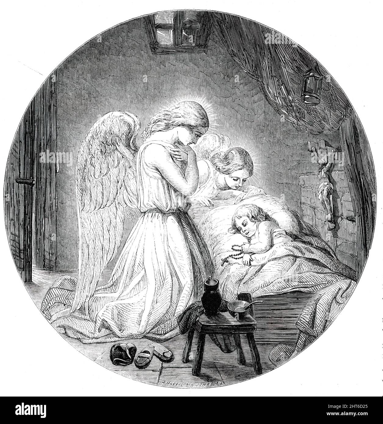 Victorian Lithograph Print Angel At Prayer Time Children At Bedtime 12 X 16 New 