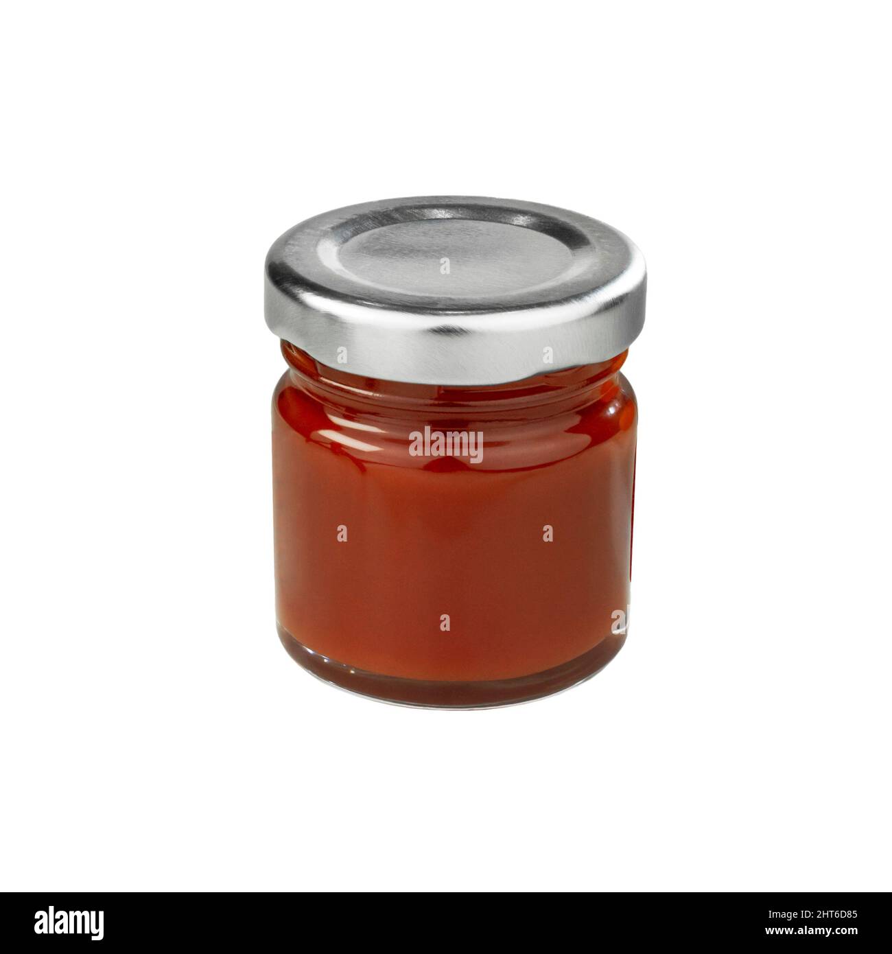 Tomato sauce jar, Glass jar with metal lid isolated on white background with clipping path Stock Photo
