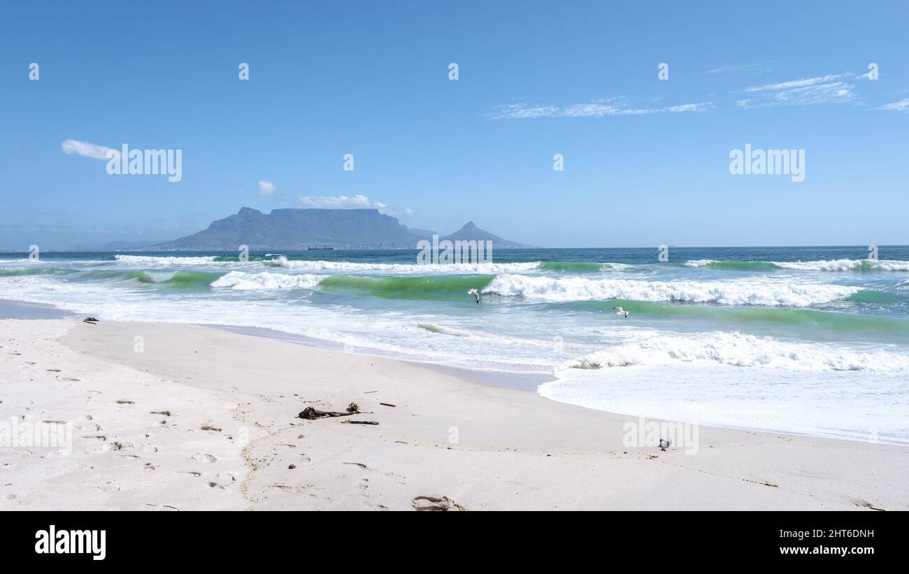 Bloubergstrand Cape Town South Africa on a bright summer day, Blouberg beach, withe powder sand and blue ocean.  Stock Photo