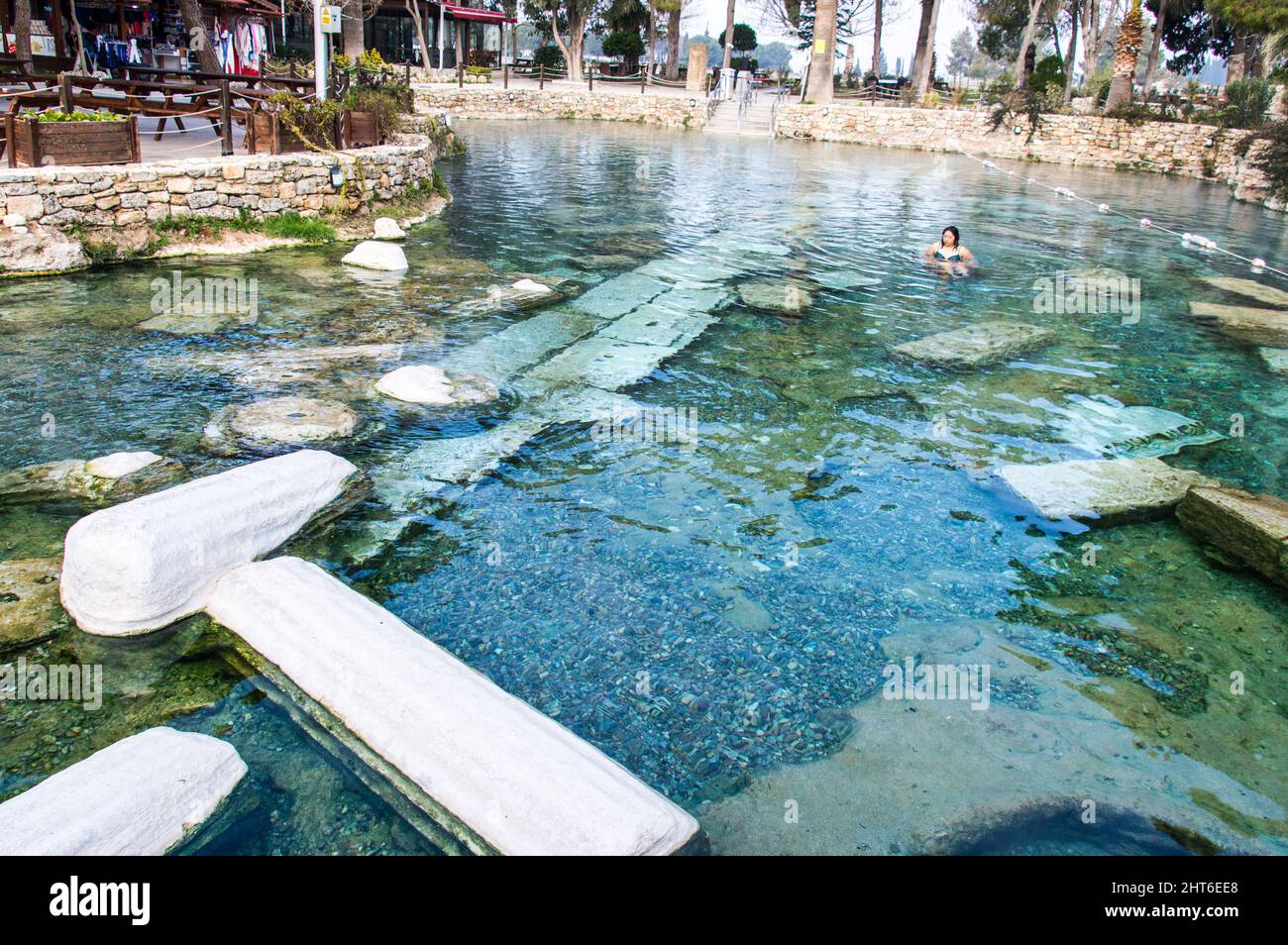 Cleopatra Pool the artificial pool in Pamukkale filled with ancient Roman columns and hot spring water rich in minerals Stock Photo