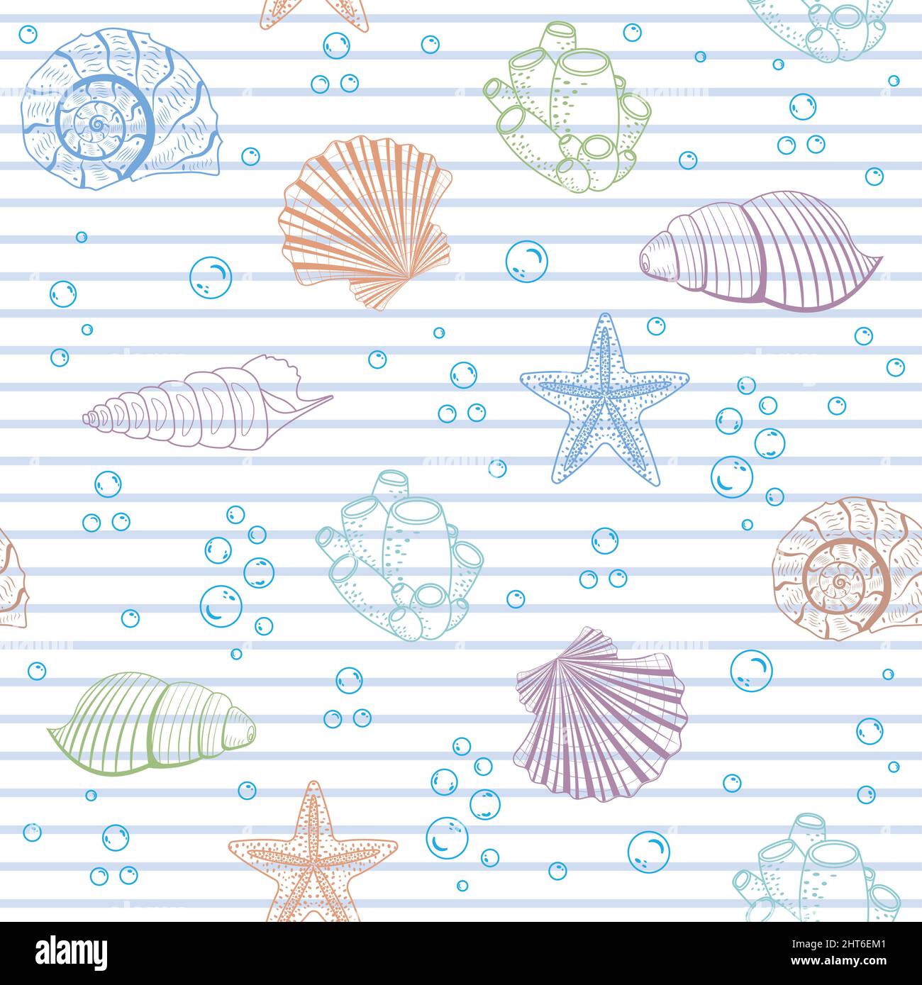 A pattern of seashells of different colors on a white striped ...