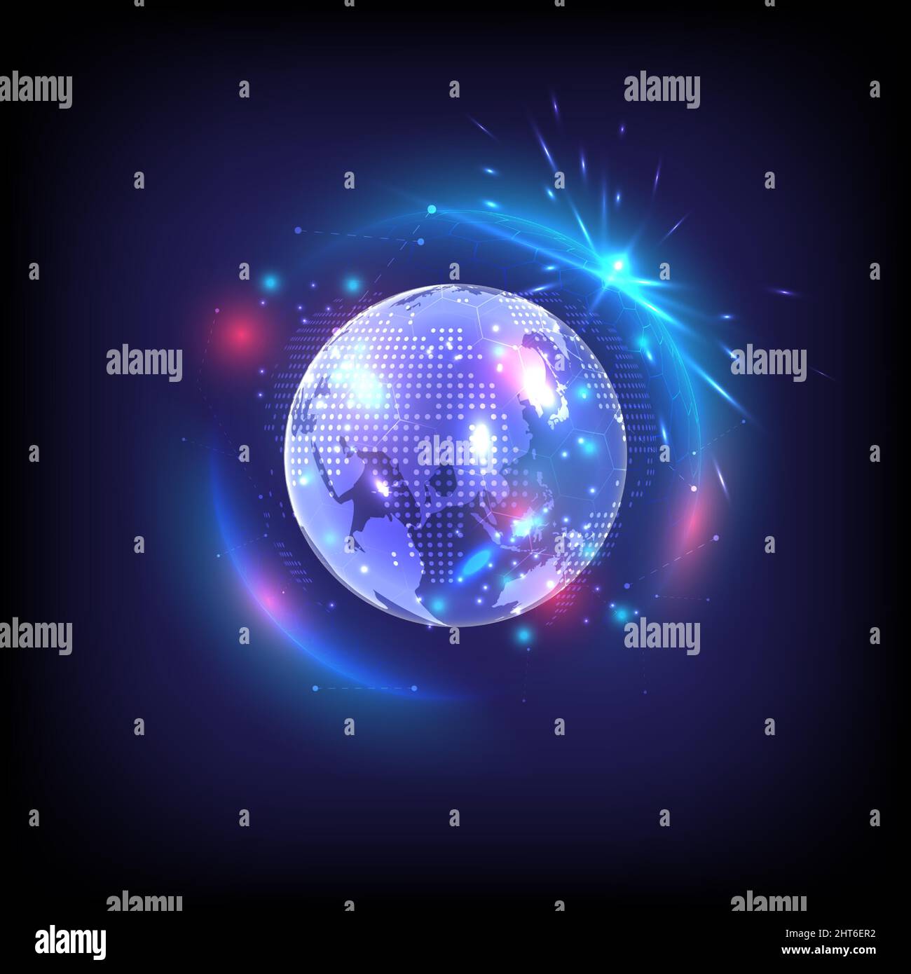 Security privacy safe. Glowing sphere of hexagon and globe. High computer protect. Technology engineer of antivirus and criminal. Protection and immun Stock Vector