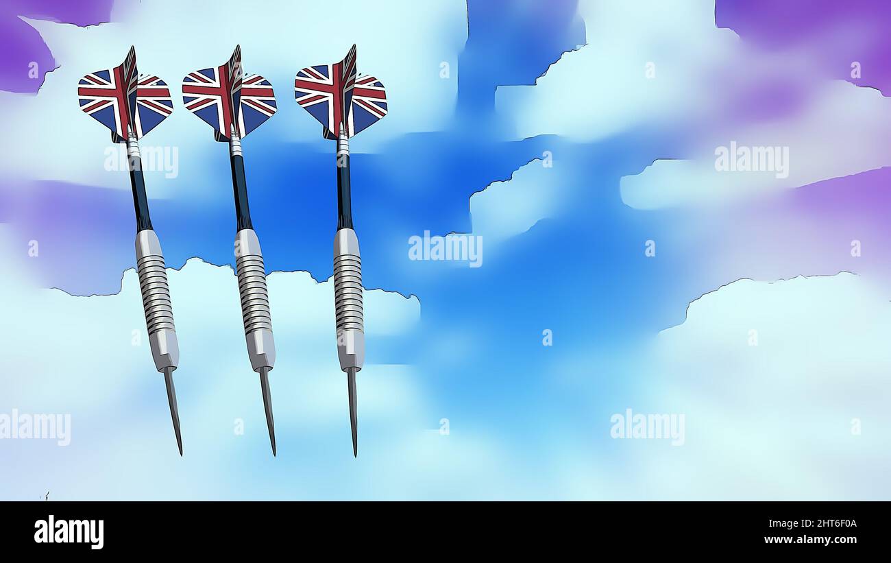 Three darts with national flag of Great Britain on the cylinder with