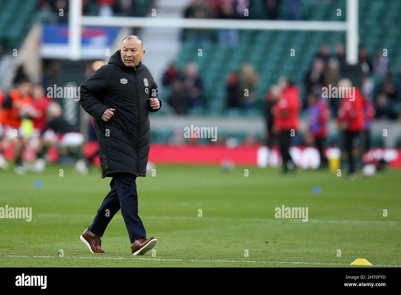 London, UK. 26th Feb, 2022. Eddie Jones, the head coach of England looks on ahead of the game. Guinness Six Nations championship 2022 match, England v Wales at Twickenham Stadium in London on Saturday 26th February 2022. pic by Andrew Orchard/Andrew Orchard sports photography/ Alamy Live News Credit: Andrew Orchard sports photography/Alamy Live News Stock Photo