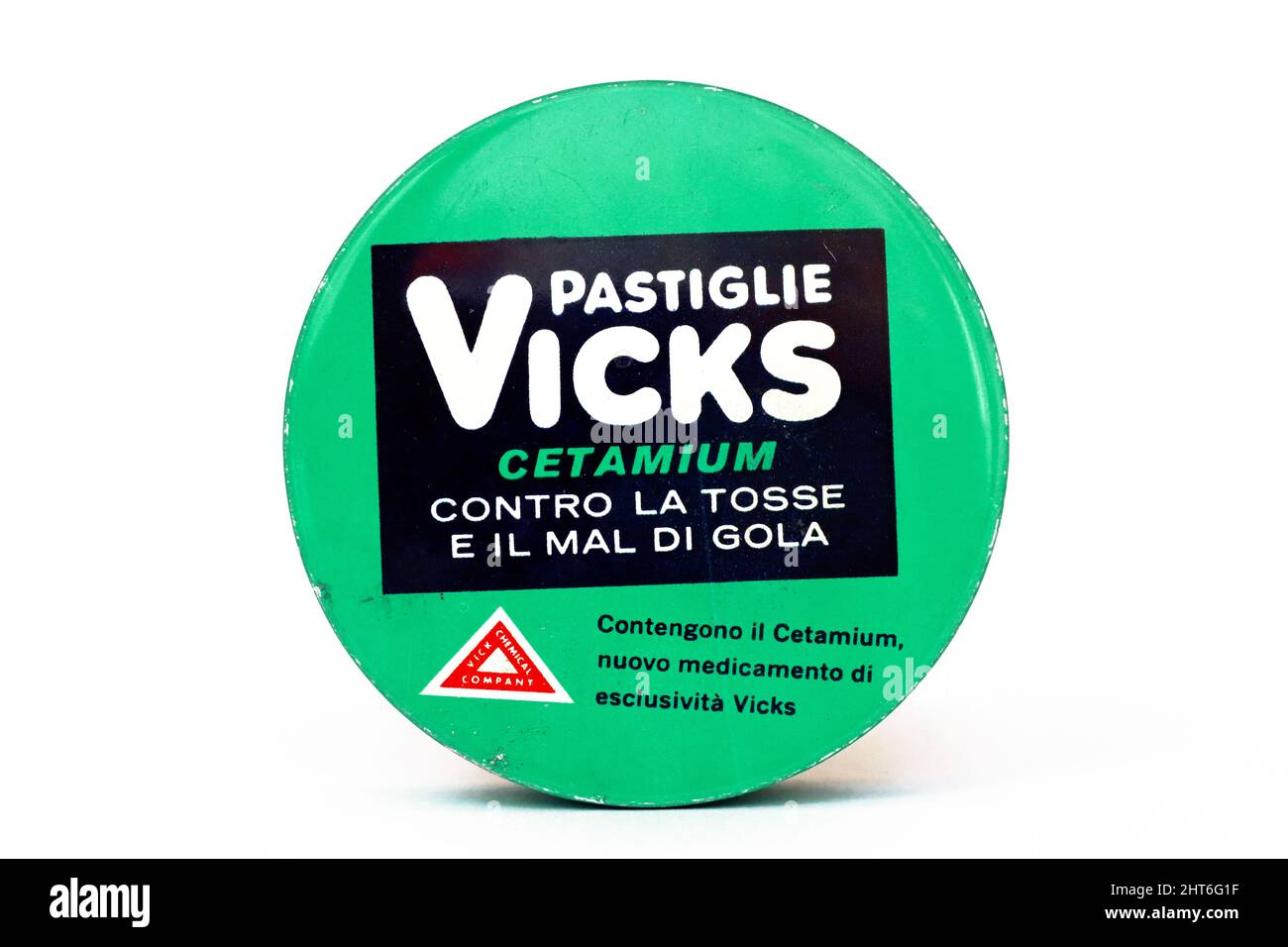 Vintage 1960s VICKS Cetamium Tablets medicine for the treatment of Cough and Sore Throat . VICK CHEMICAL COMPANY – New York, Filadelfia (USA) Stock Photo