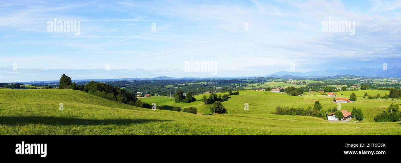 Panoramic view of a landscape in the Allgau region of Bavaria in ...