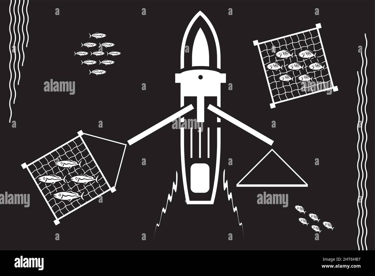 Fishing boat takes baskets of fish in the sea vector illustration