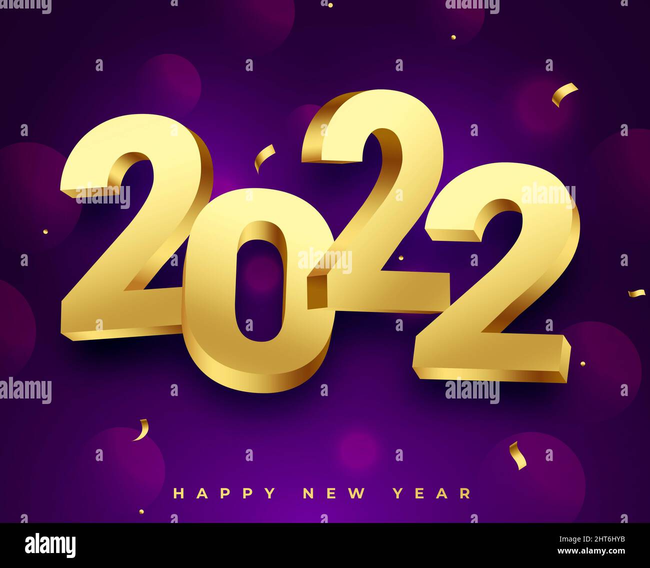Golden 2022 illustration with confetti and HAPPY NEW YEAR text on