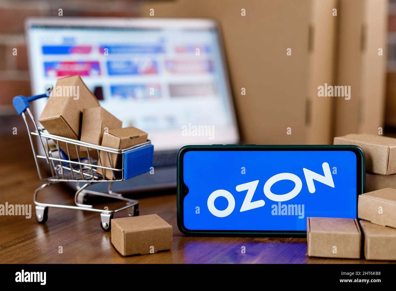 Ozon is Russian company. Smartphone with Ozon logo on the