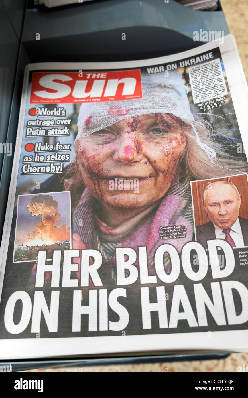 The Sun newspaper front page headline 'Her Blood on His Hands'  wounded woman Vladimir Putin Russia Ukraine war 25 February 2022 London England UK Stock Photo