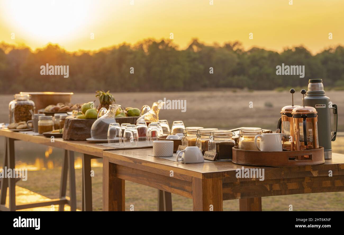 Selective of an outside buffet on the sunset Stock Photo Alamy
