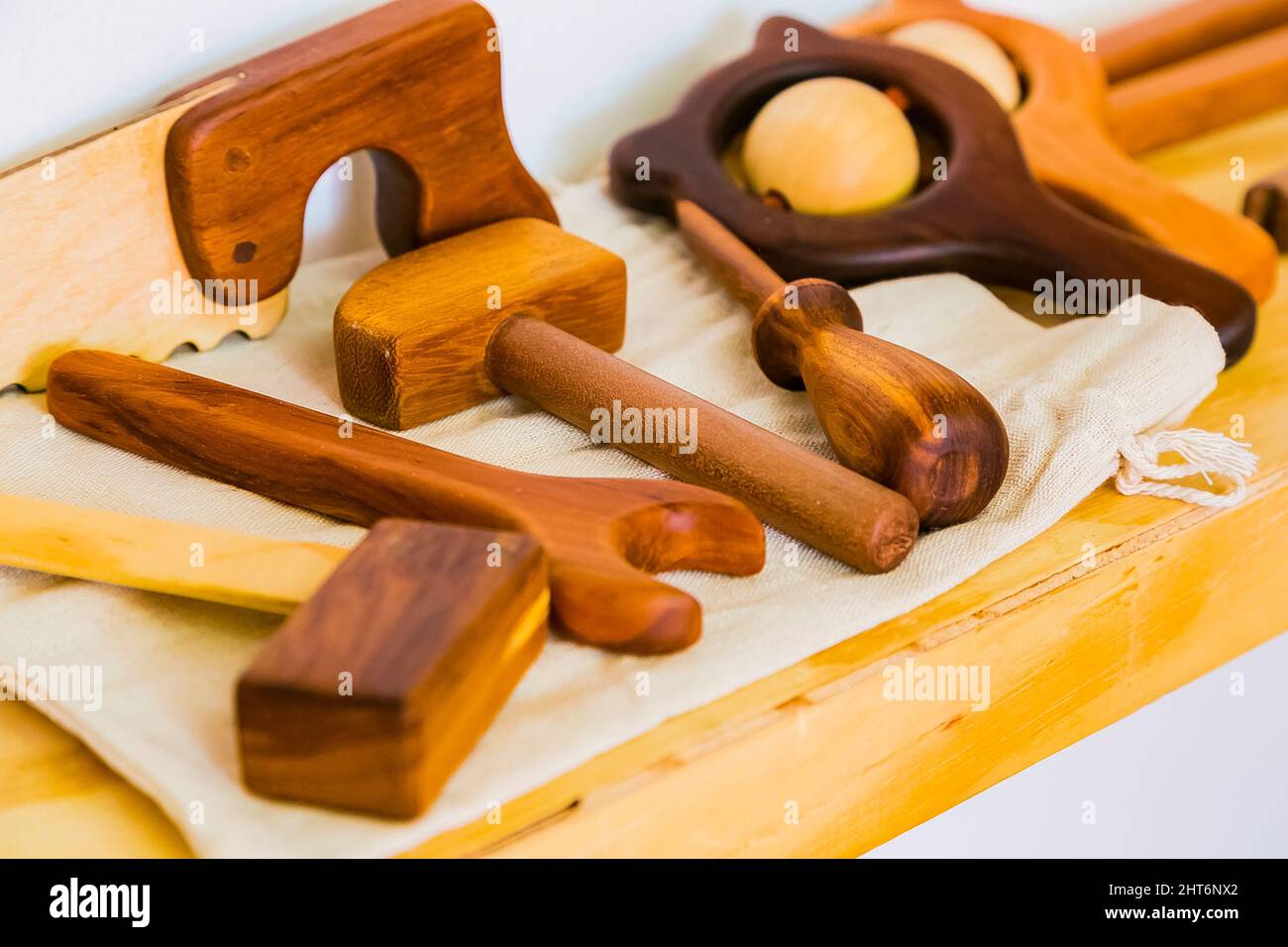 Wooden items on display at exhibitor stand at handmade design fair in