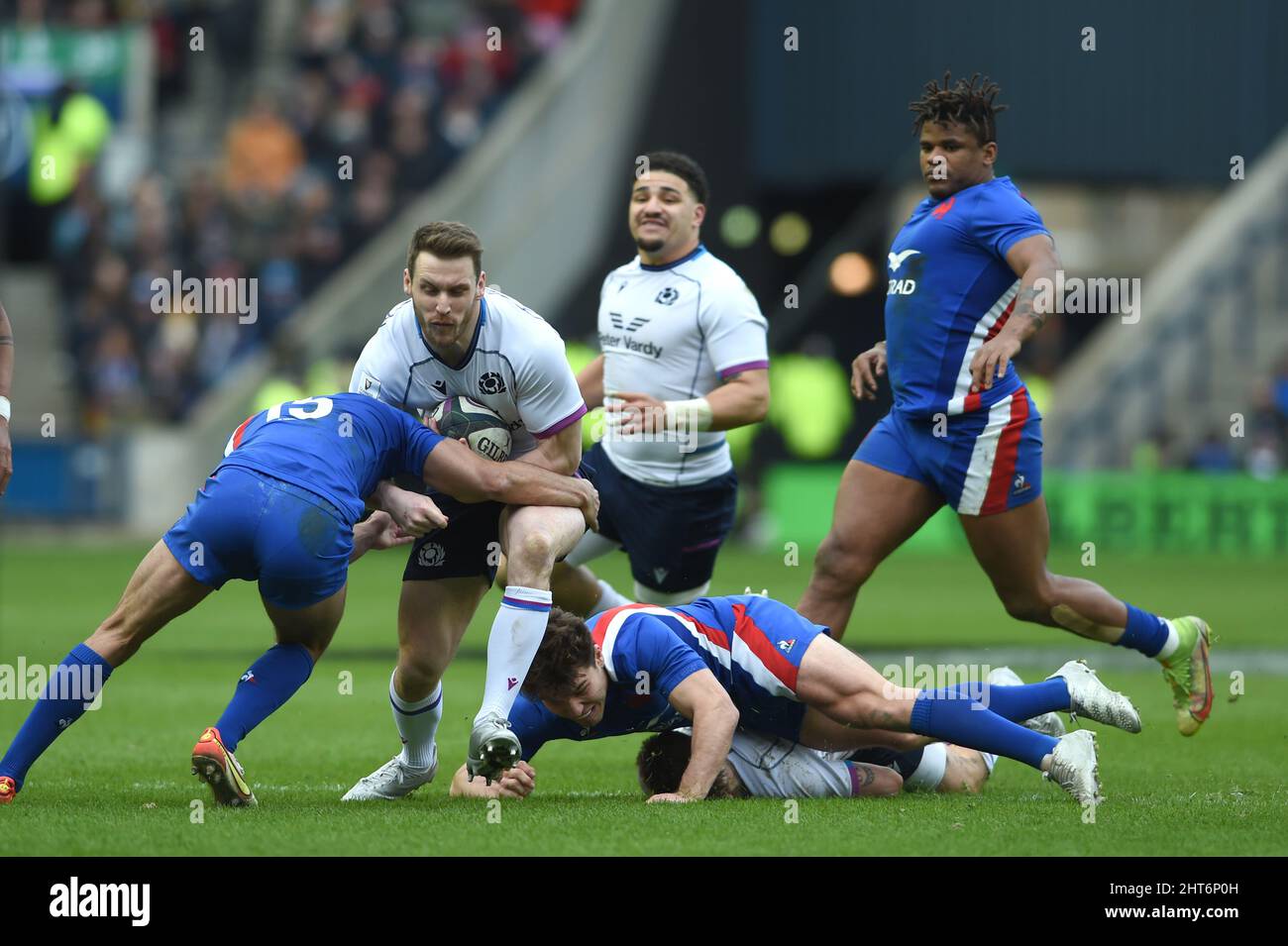 Edinburgh, Scotland, 26th February 2022. Ga'l Fickou of France and Mark  Bennett of Scotland during the Guinness 6 Nations match at Murrayfield  Stadium, Edinburgh. Picture credit should read: Neil Hanna / Sportimage