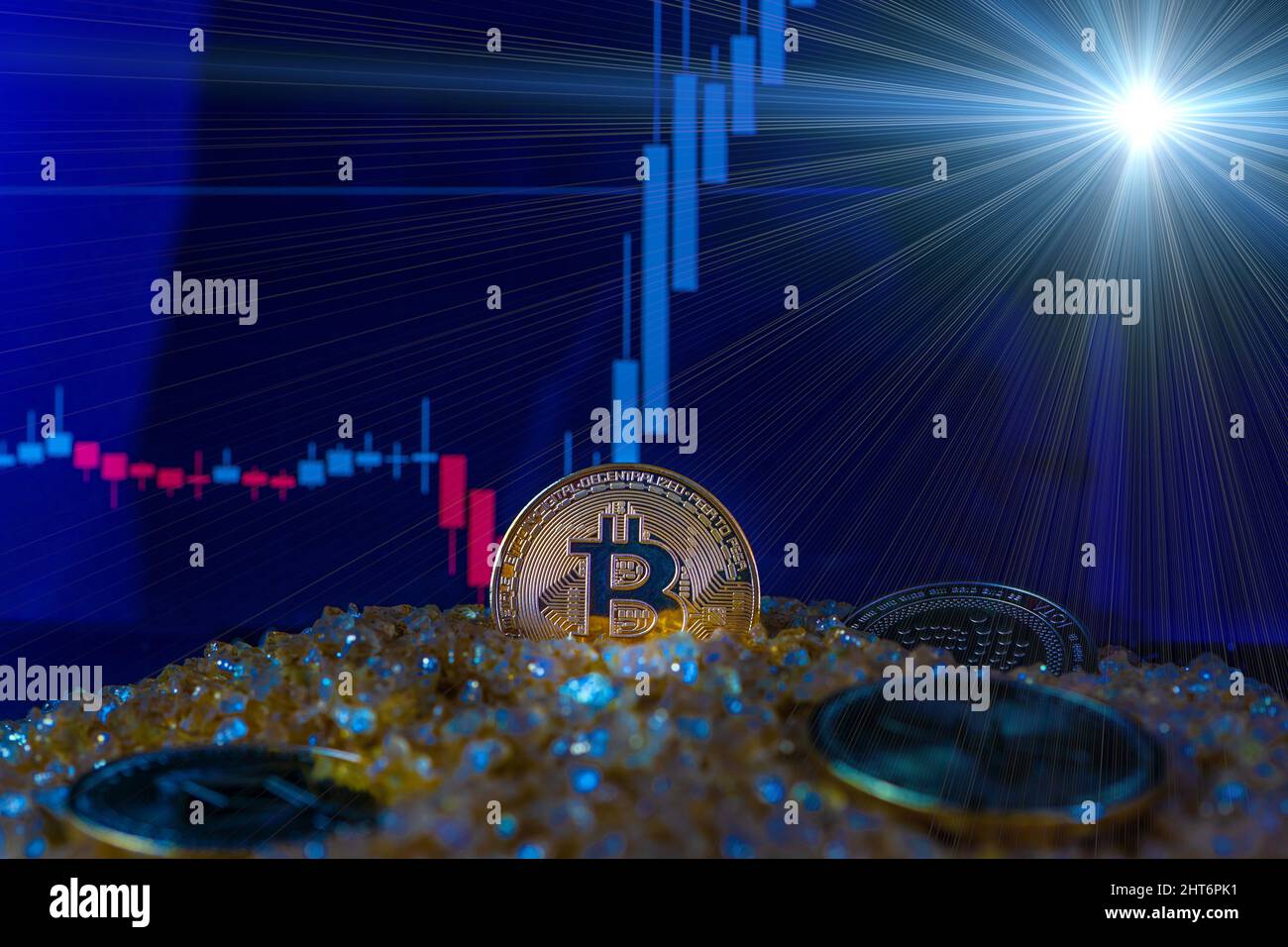 Coin of Bitcoin on the gold crystal mineral stone mountain. Stock Growth  blurred background. Chart shows a strong increase in the price of bitcoin.  Investment platform with charts and bitcoin coin Stock