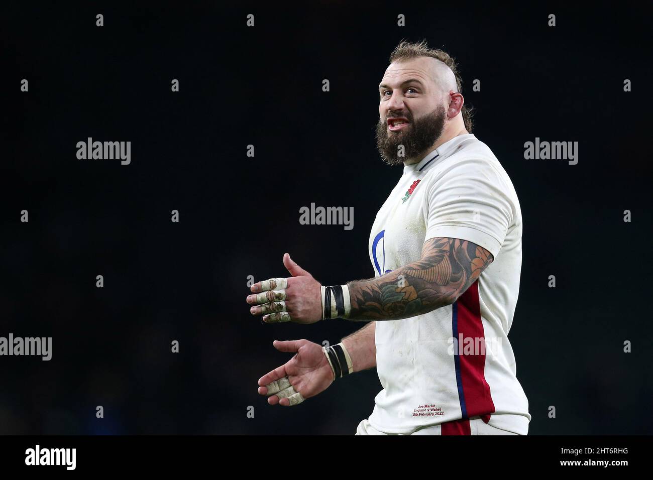 London, UK. 26th Feb, 2022. Joe Marler of England looks on. Guinness Six Nations championship 2022 match, England v Wales at Twickenham Stadium in London on Saturday 26th February 2022. pic by Andrew Orchard/Andrew Orchard sports photography/ Alamy Live News Credit: Andrew Orchard sports photography/Alamy Live News Stock Photo