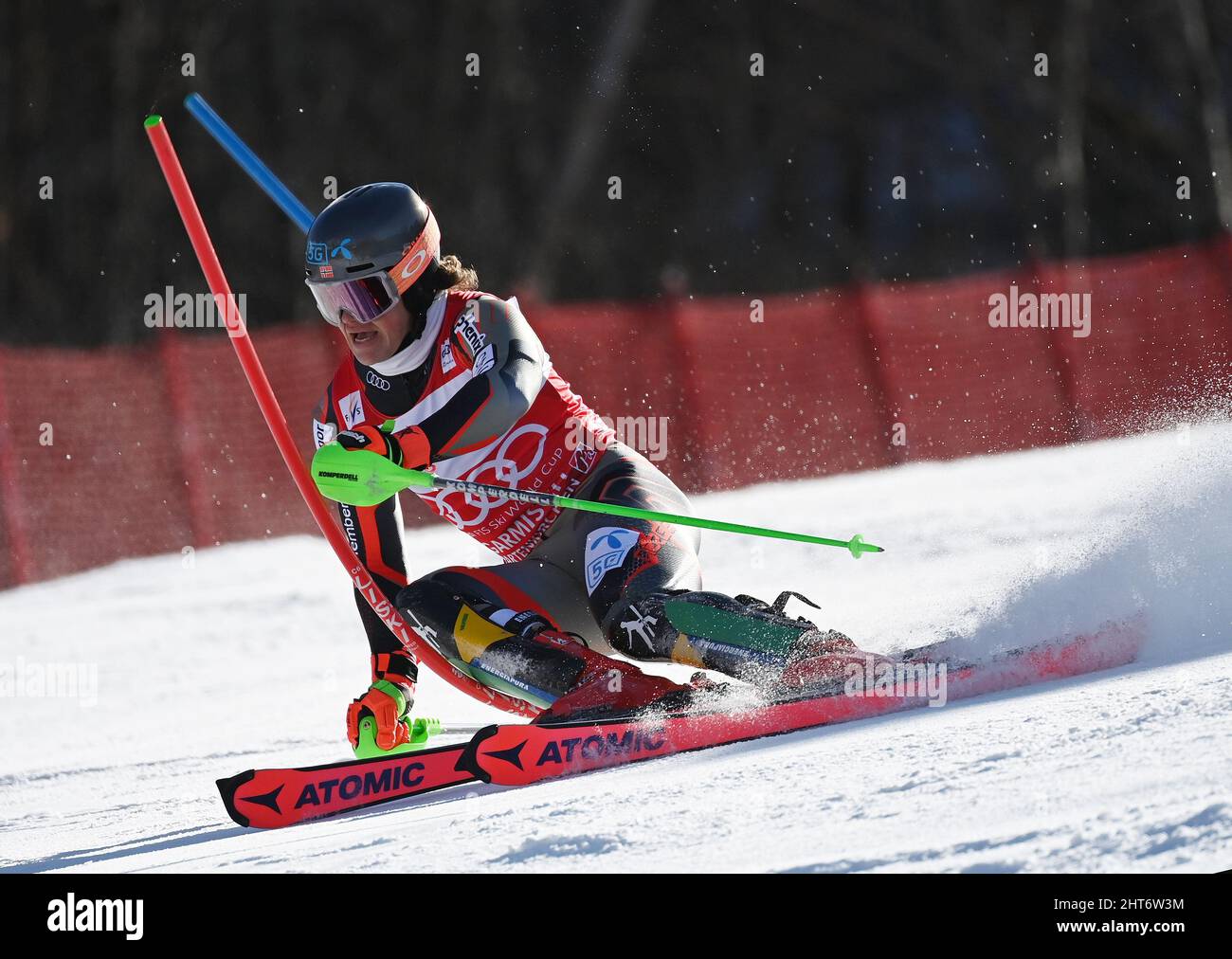 Garmisch Partenkirchen, Germany. 27th Feb, 2022. Alpine skiing: World Cup, Slalom, men, 2nd run. Lucas Braathen from Norway in action. Credit: Angelika Warmuth/dpa/Alamy Live News Stock Photo