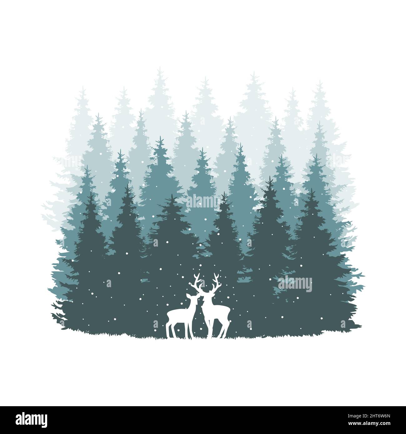 Deer and doe silhouette and pines vector. Pine trees scene or landscape