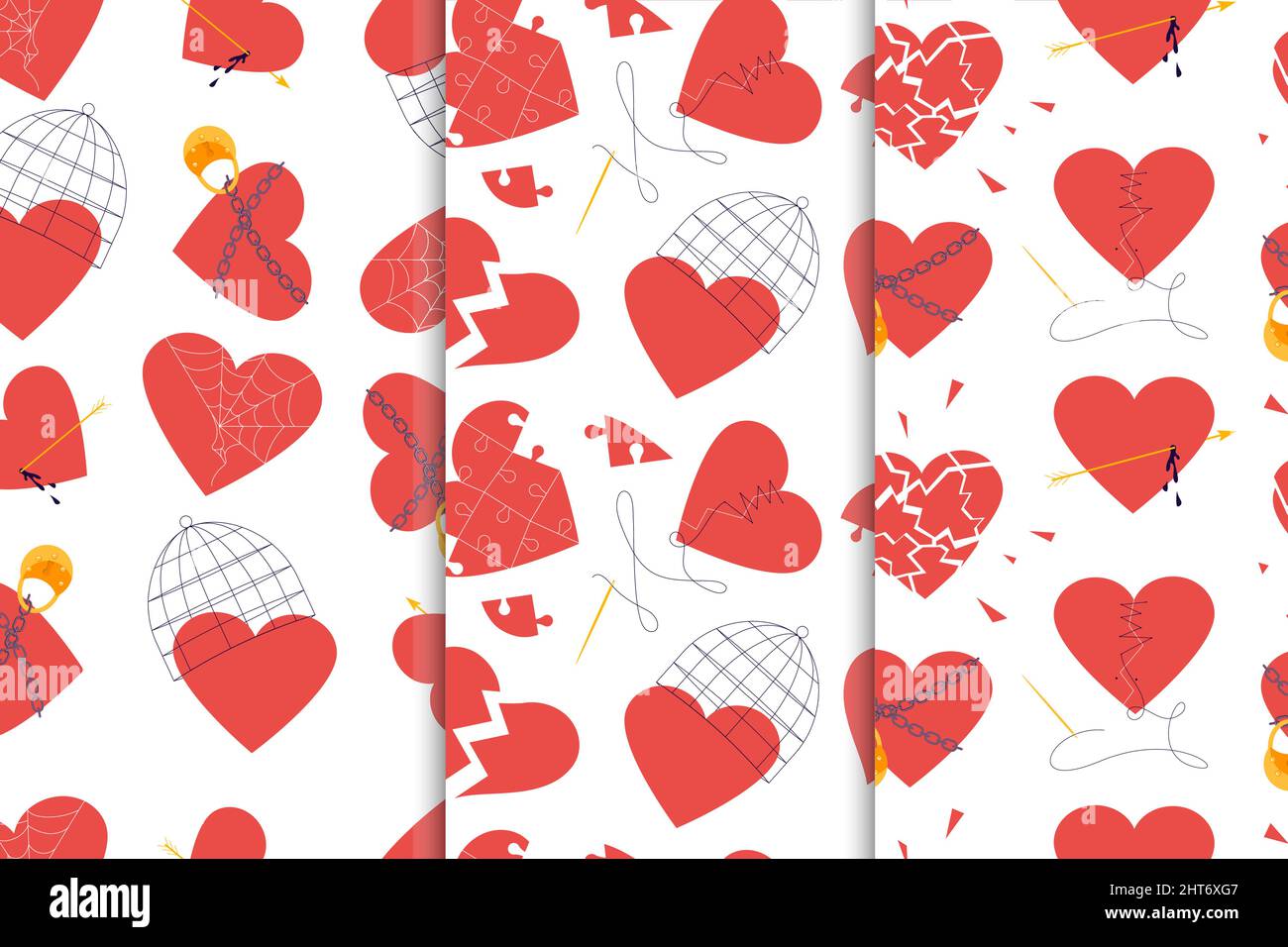 Set of Seamless pattern with Red hearts. Stock Vector