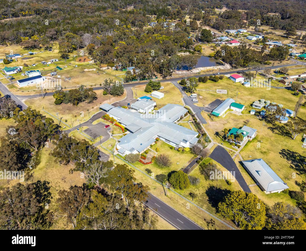 Aerial view of Emmaville with houses and fields in NSW, Australia Stock