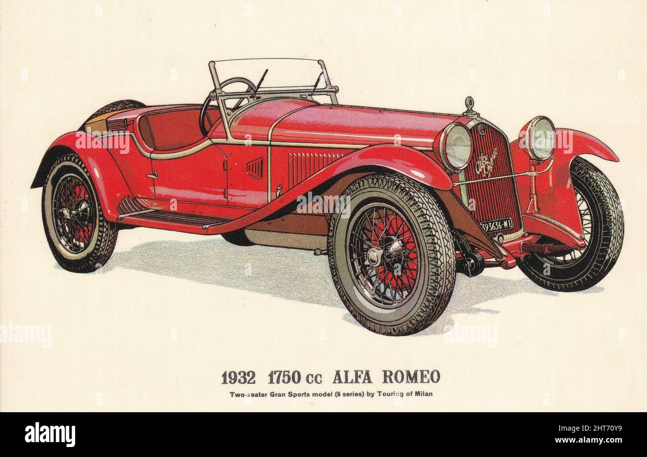 Vintage postcard of a 1932 1750cc Alfa Romeo - Two-seater Gran Sports Model 6 Series. Stock Photo