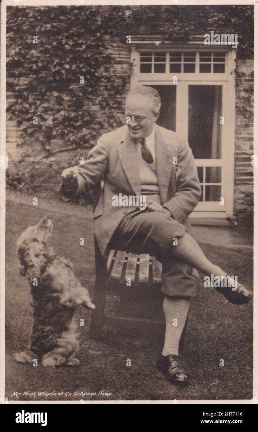 Vintage black and white postcard of Mr Hugh Walpole at his Lakeland