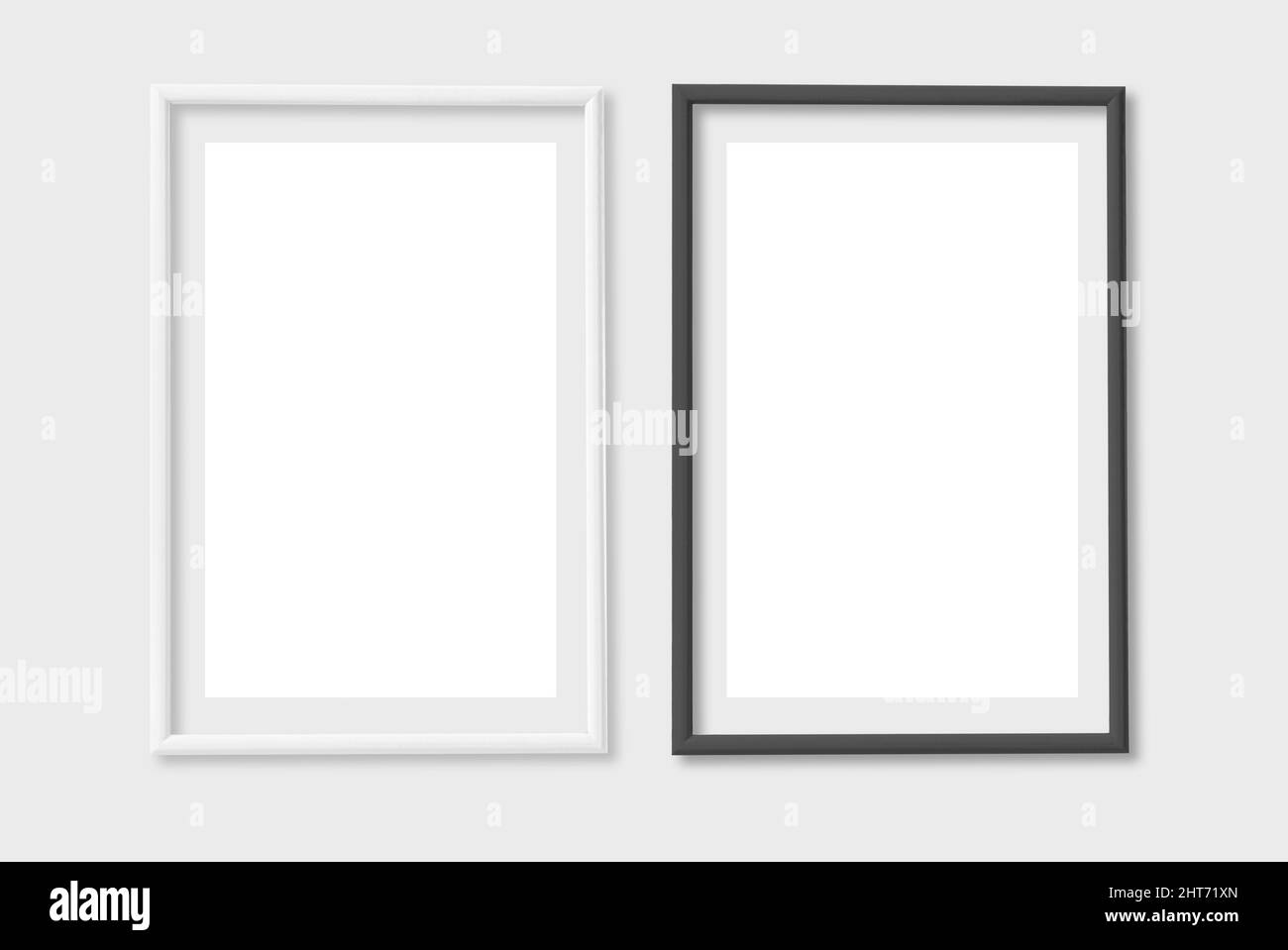 Photo  Black Blank and White Picture Frame, hanging on a Wall from the Front. mockup isolated on transparent background. Graphic style template, clipp Stock Photo