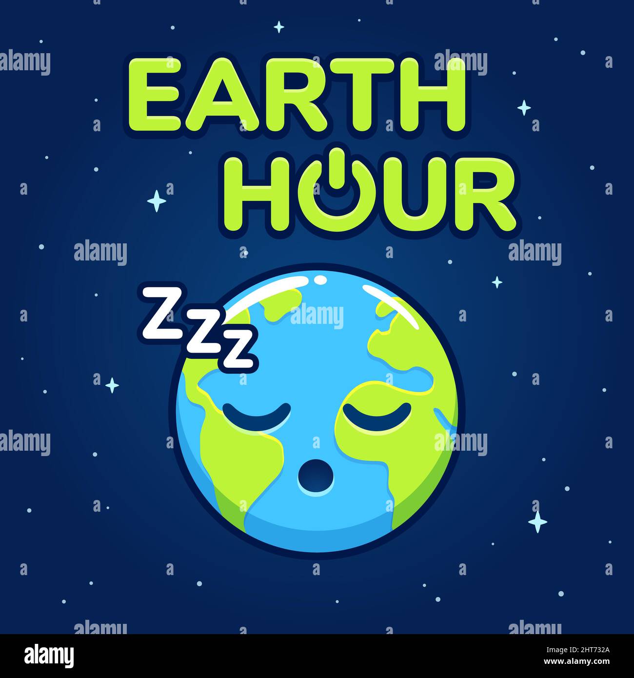 Earth hour banner design with cute cartoon planet Earth sleeping. Vector clip art illustration. Stock Vector