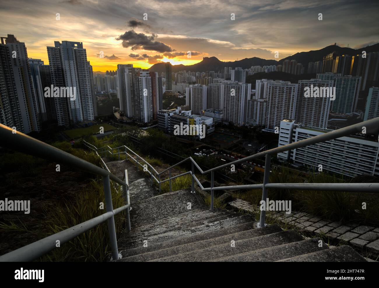 Sunset sky over the cityscape with modern skyscrapers captured in the ...