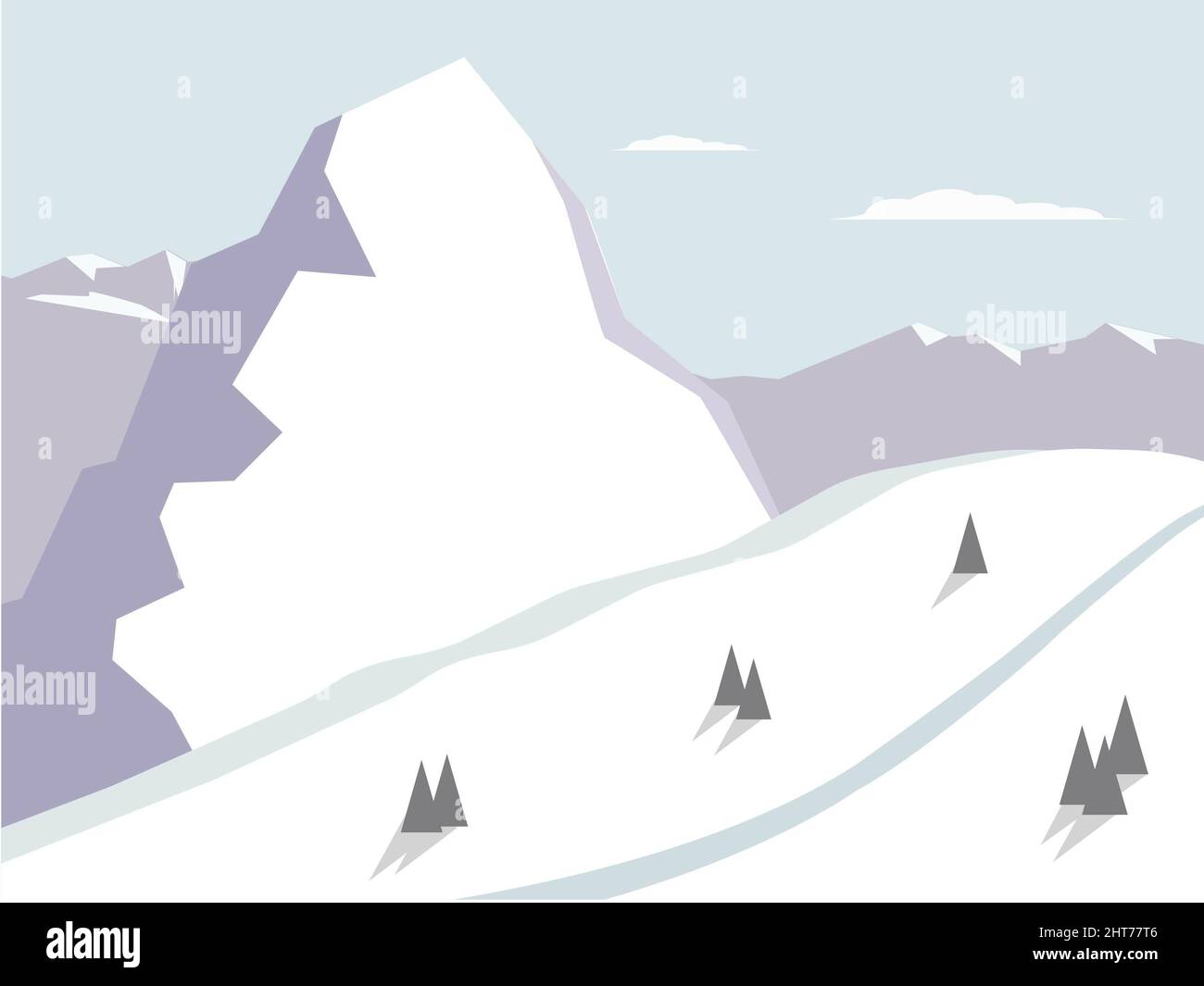Illustration of mountains with pine trees and a path in winter Stock ...