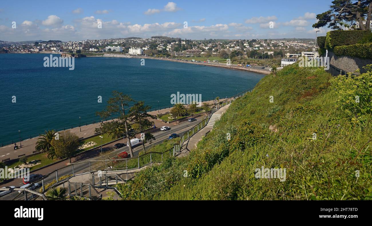 The view across Tor Bay from the Rock Walk above Torquay seafront, South Devon. Stock Photo