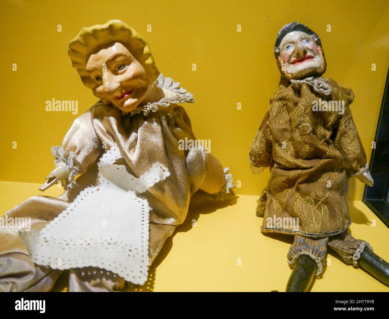 Victorian Punch and Judy puppets dating from the 1800's. Punch and Judy was a popular puppet show that often took place at British seaside resorts. Stock Photo