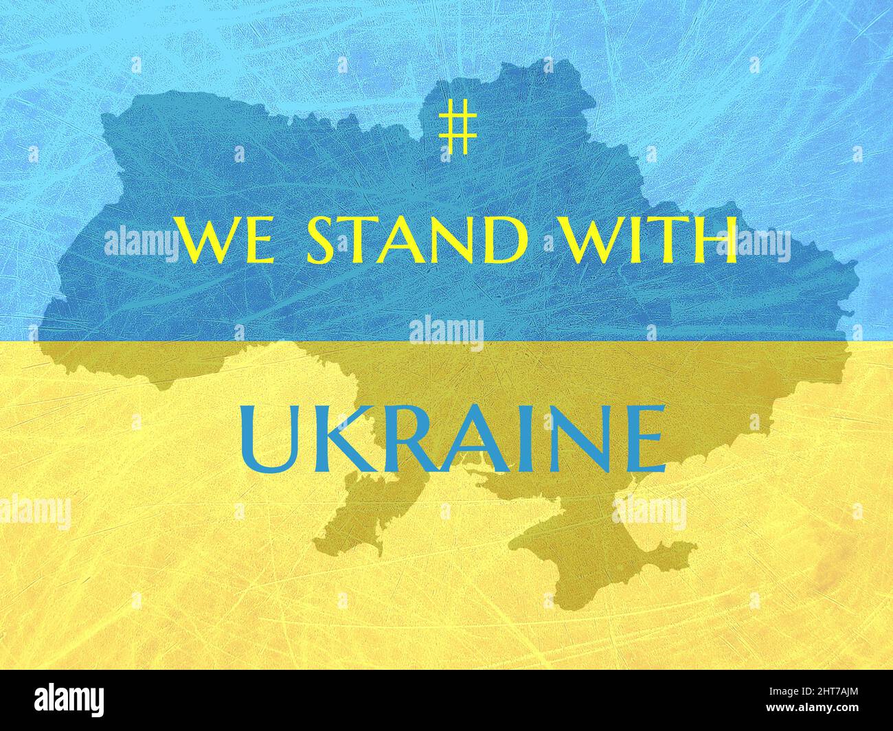 Flag and map of Ukraine. We stand with Ukraine text. Russian Ukrainian war concept. Global people resistance alliance message Stock Photo