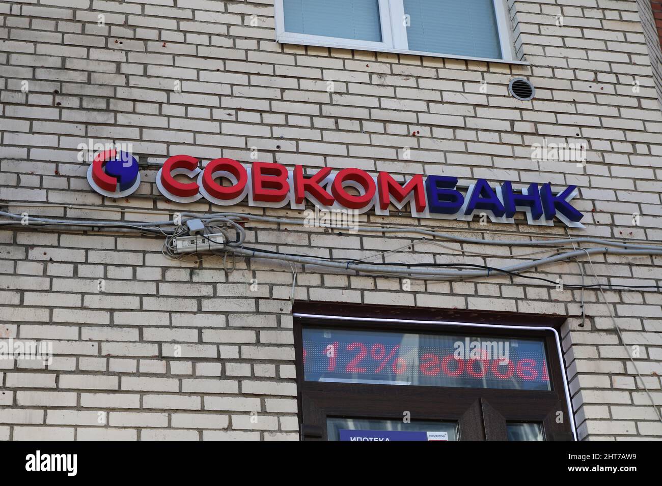 Sovcombank logo seen on a residential building during the sanctions ...