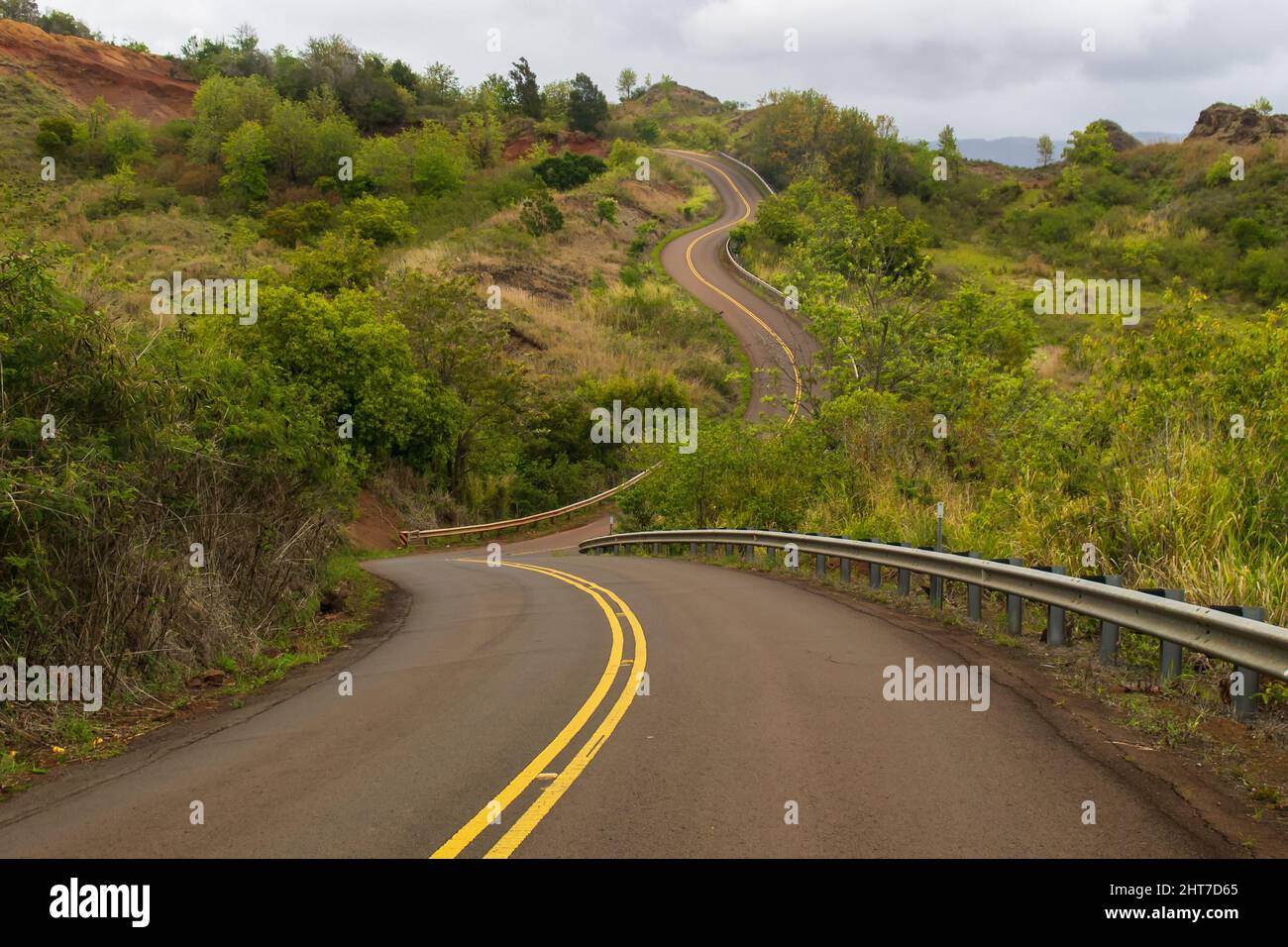 A winding paved road leading up a steep hill on Kauai Stock Photo Alamy
