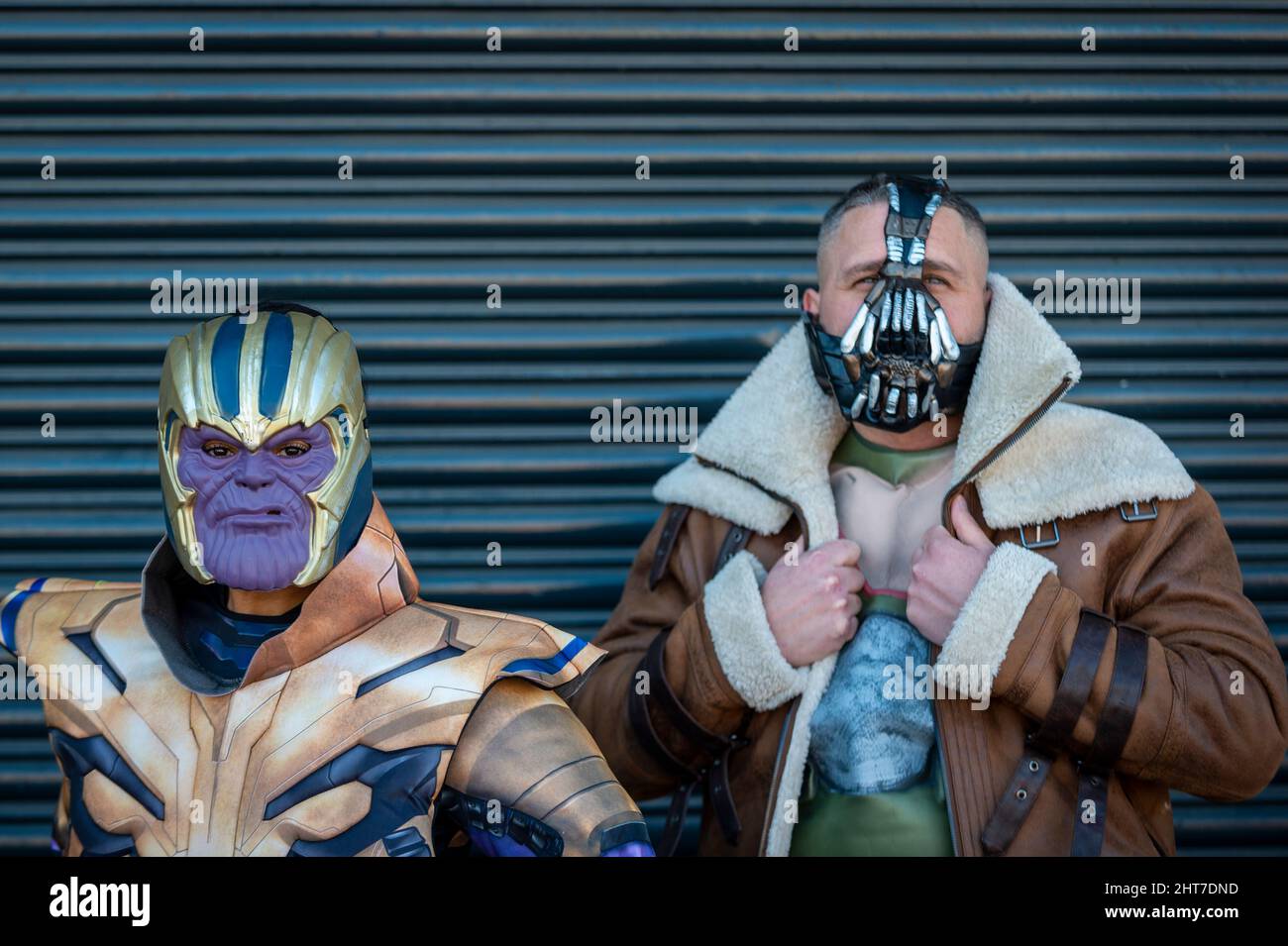 London, UK. 27 February 2022. People dressed as Thanos and Bane arrive ...