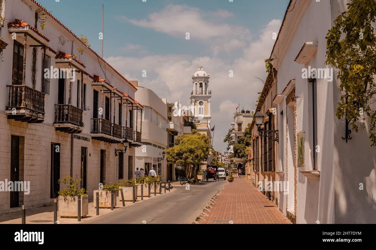Street photography of colonial buildings in the Colonial Zone, Santo