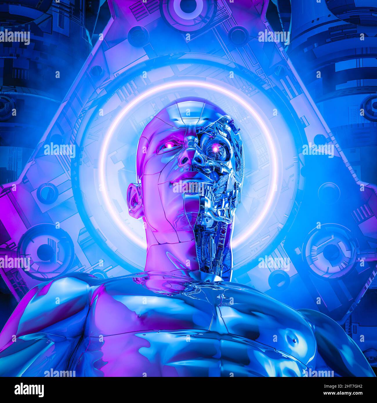 Power core cyborg - 3D illustration of science fiction male humanoid robot with glowing eyes with futuristic neon halo behind head Stock Photo