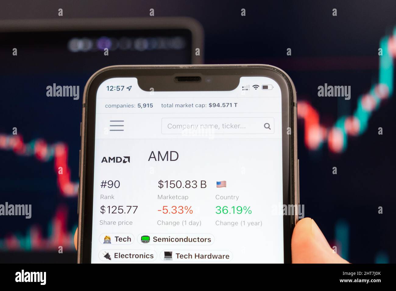AMD stock price on the screen of cell phone in mans hand with changing stock market exchange with trading candlestick graph analysis, February 2022, San Francisco, USA Stock Photo